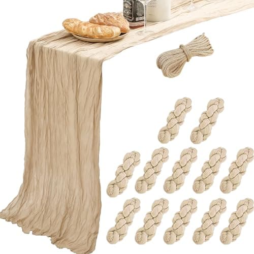 YARGEZON 12 Pack 10 Ft Tan Beige Cheesecloth Table Runner Gauze Table Runners Cheese Cloth for Bridal Baby Shower Wedding Decor (35 x 120 Inch)
