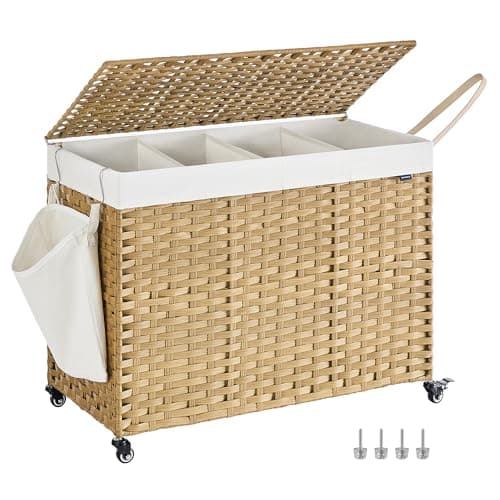 SONGMICS Laundry Hamper with Lid, 55.4 Gallons (210 L), Rolling Laundry Basket with Wheels, 4-Section Synthetic Rattan, Removable Liner, Bedroom, 33.9 x 15.7 x 26 Inches, Natural Color ULCB460Y01