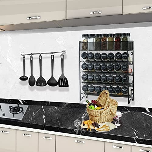 Skiileor Spice Rack Organizer with 28 Spice Jars, Black Lids，Spice Labels, Chalk pen and Funnel Set for Cabinet, Countertop, Pantry, Cupboard or Wall Mount 6