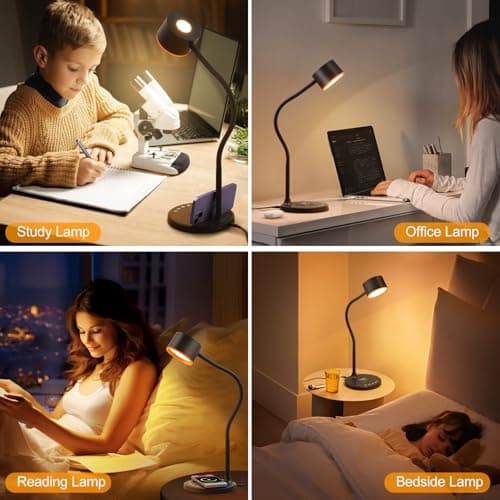 LED Desk Lamp with Wireless Charger, USB C + A Charging Ports, Eye-Caring Metal Bedside Lamp, 5 Colors Stepless Dimmable Reading Lamp, Touch Table Lamp Gooseneck Lamp for Home Office Dorm Black 6