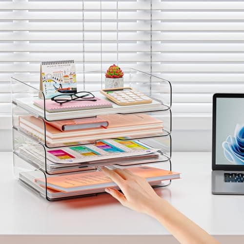 YKLSLH 4 Trays Paper Organizer Letter Tray - Acrylic Desk File Organizer, Stackable Clear Paper Holder Sorter Office Organizer for Letter/A4, Office File Ipad Books Notes Etc 8