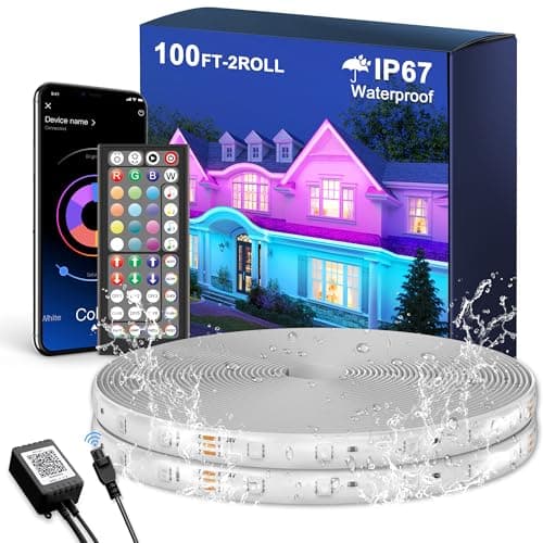 Fussion Outdoor LED Strip Lights Waterproof 100FT (2 Rolls of 50ft) IP67 LED Light Strips with Remote, RGB Color Changing Christmas House Rope Lighting for Outside