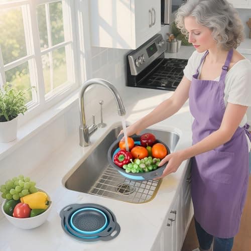 Cluren Collapsible Colander 3-Pack Set Space-Saving Foldable Kitchen Strainer with Non-Slip Base Durable Thickened PP+TPE Collapsible Strainers for Pasta, Vegetables, Fruits (Gray-Blue) 6