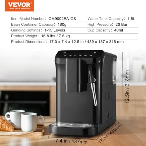 VEVOR Automatic Espresso Machine, 20 Bar Auto Coffee Machine with Frother Steam Wand, Built-In Grinder and 15-Level Grinding Settings, Professional Espresso Coffee Maker with 1.5L Water Tank 7