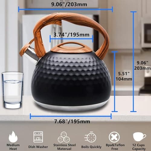 Foedo Tea Kettle Stovetop, 3.2 Qt Stainless Steel Whistling Kettle for Stove Top, Food Grade Teapot with Wood Pattern Handle for Coffee, Milk etc, Gas Electric Applicable (Black) 2