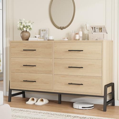 GarveeHome 6 Dresser for Bedroom, 52 in Wide Drawer with Large Storage Space, Freestanding Wooden Closet Storage Dresser Chest for Living Room, Bedroom, Entryway, Natural Oak