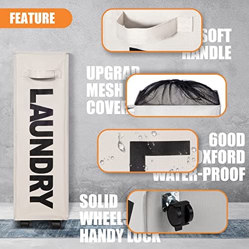 Caroeas 22" Rolling Slim Laundry Basket with Stand Foldable Waterproof Sorter and Organizer on Wheels Tall Thin Dirty Laundry Hamper Basket Home Corner Bin (Beige) 3