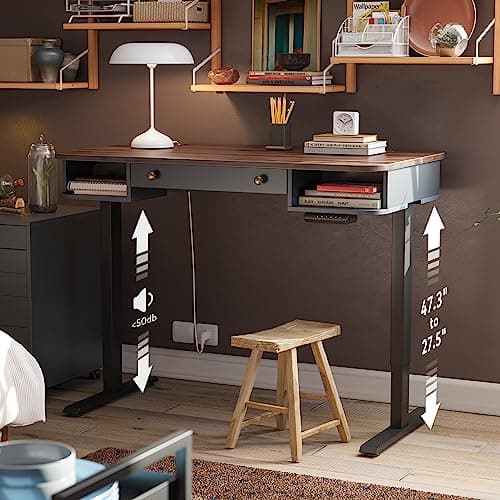 FEZIBO Whole Piece Mid Century Modern Electric Standing Desk with Drawer and Open Storage, 48 x 24 Inches Sit Stand Home Office Desk, Haze Blue Walnut(2 Packages) 6