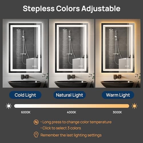 ENJOYBASICS 36"x24" LED Bathroom Mirror with Front and Backlit, Vanity Mirror with Stepless Dimmable Double Lights, Large Wall Mirror, Anti-Fog, Memory, Colors Adjustable (Horizontal/Vertical) 6