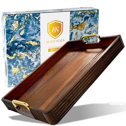 Acacia Wood Serving Tray with Metal Handles, 17x13in, Decorative Coffee Table Tray & Ottoman Tray, Anti-Slip Pads, Dark Wood Tray for Breakfast in Bed, Bar Tray, Gift Box