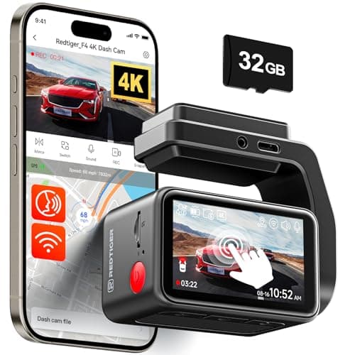 REDTIGER F4 4K Dash Cam Front, 2.2 inch Mini Car Camera, 2160P UHD Touch Screen, Voice Control, Included 32GB Card, Night Vision, Built-in GPS, WiFi APP Control, Loop Recording, 24H Parking Monitor
