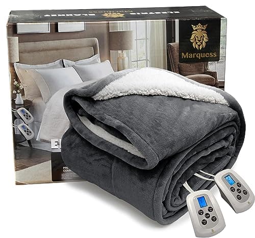 Marquess Electric Blanket MicroPlush Sherpa and Reversible Flannel Washable Comfortable with 10 Heat Settings/Safety 10 Hours Auto-Off Controller King Size Bed Blanket（100X90'' Grey）