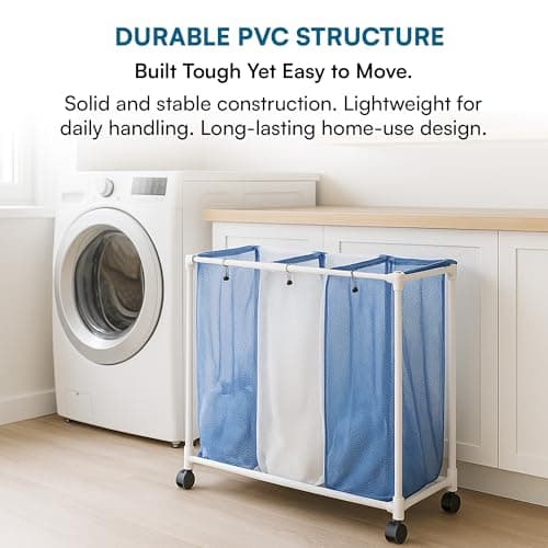 Honey-Can-Do HMP-01629 3 bag mesh laundry sorter, 30.5" x 15.3" x 30" , Blue/White 8