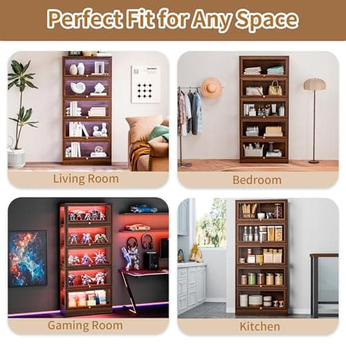 BONITURE Display Cabinet with Acrylic Glass Doors,5-Tiers Curio Cabinet with LED Lighting for Collectibles, Collectibles Toy Organizers Rack & Display Shelf Display Case Storage Cabinet, Walnut 9