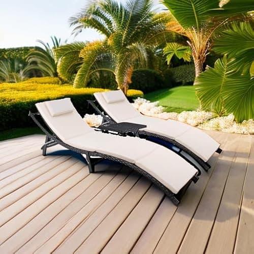 Devoko Patio Chaise Lounge Sets Outdoor Rattan Adjustable Back 3 Pieces Cushioned Patio Folding Chaise Lounge with Folding Table (Beige) 5