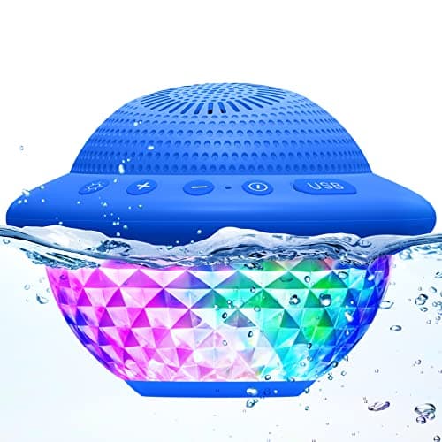 Floating Pool Speakers with Colorful LED Lights, IPX7 Waterproof Hot Tub Bluetooth Speaker, 10W Stereo Loud Sound, Built-in Mic, Portable Wireless Speakers for Shower Bathtub Beach Outdoor Swim-Blue