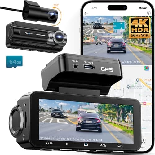 Dash Cam Front Rear 4K Built-in 5G WiFi GPS, Voice Control, 3.39 inch IPS Screen, Dual Dash Camera for Car Includes 64GB SD Card, Super Night Vision, 24H Parking Monitor, Supercapacitor, Type C, WDR