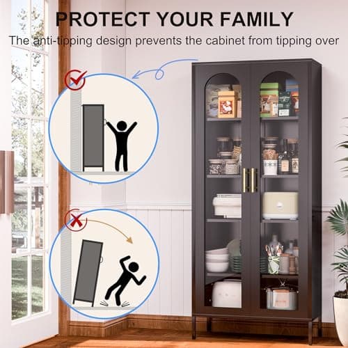 OSEILLC 71" Glass Display Cabinet, Metal Storage with Glass Doors, Curio Cabinet with 4 Adjustable Shelves, 5 Tier Bookshelf & Bookcase with Doors, Black Display Case 6