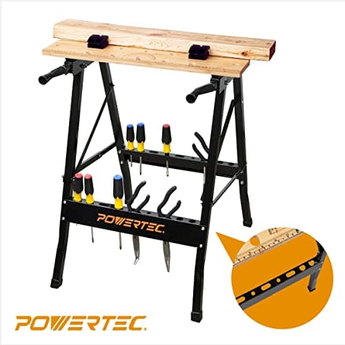 POWERTEC Portable Small Workbench with Vise, Imprinted Ruler and Protractor Scale, Folding Sawhorse/Worktable and 4 Bench Dogs for Woodworking Projects (MT4006V) 7