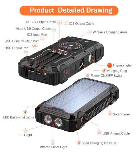 Sudrov Solar Charger Power Bank, 42800mAh Wireless Portable Charger with USB-C in/Output, QC3.0 Fast Charging 15W 4 Ports Outdoor Battery Pack Built-in LED Flashlight, for iPhone, Galaxy, iPad etc 7