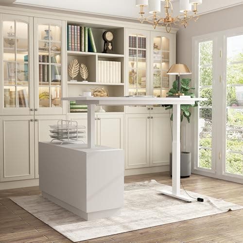 Homsee Electric Height Adjustable Standing Desk, L-Shaped Computer Desk with 2 Drawers & 2 Doors for Office, Workstation Table with Storage Cabinet for Writing Study Work Executive, White