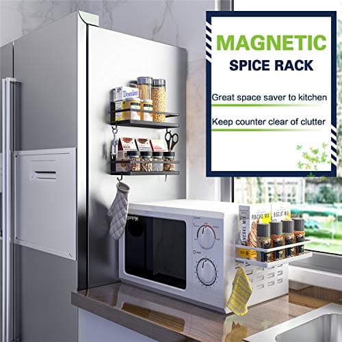 Magnetic Spice Rack, Thipoten Strong Magnetic Shelf with 2 Removable Hooks, Perfect Space Saver for Small Kitchen/ Apartment, Awesome Metal Cabinet for Holding Spices, Jars, Bottle, Beve(Black, 2Pack) 6
