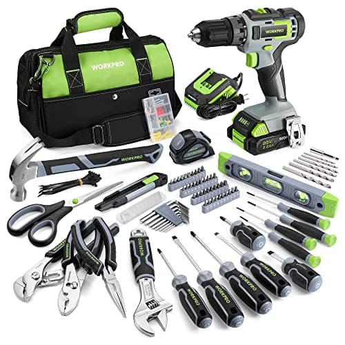 WORKPRO Home Tool Set with 20V Cordless Lithium-Ion Drill Driver, Household Repairing Tool Kit with Drill, 157PCS Power Drill Sets, 14-Inch Wide Mouth Storage Tool Bag, Green