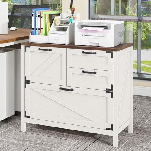 Halitaa Lateral File Cabinet with 4 Drawers Farmhouse File Cabinet for Letter/Legal/A4 Size Hanging Files, Large Wood File Storage Cabinets Printer Stand for Home Office Cabinet, Rustic White 7