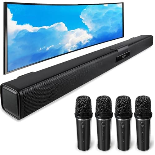 Quntelon TV Soundbar Speaker with Bluetooth/AUX/USB/TF/Coaxial, Sound Bar for Smart TV with 4 Wireless Microphones, Surround Sound System for TV (Full Black, 4mic)