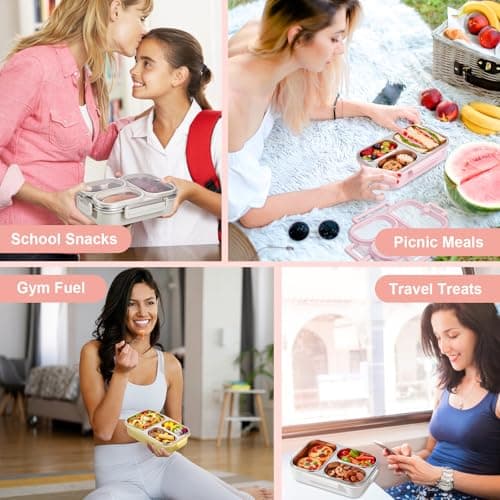 VACAID 25oz Stainless Steel Lunch Kit (Bento Box + Fork/Spoon) - 3 Leakproof Compartments - Food-Grade 18/8 Steel for Kids & Adults - School/Office/Travel Ready - Dishwasher Safe (Pink) 7