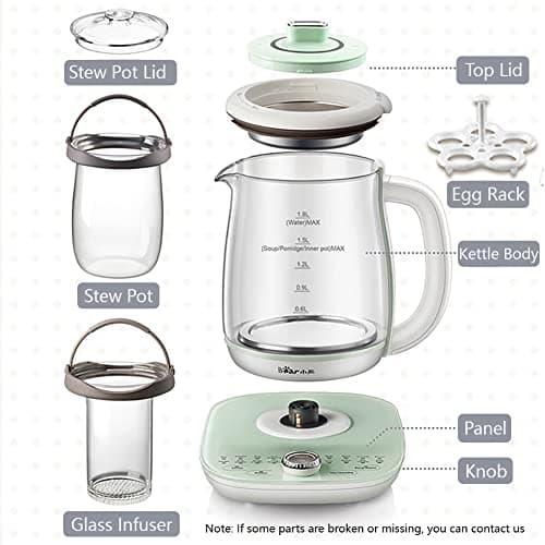 Bear YSH-C18S2 Health Pot, Electric Kettle Tea Maker with Infuser, Glass Kettle & Stew Pot, 16 Menus 1.8L 120V, Green 7