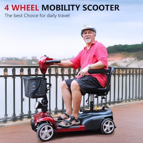 Powered Mobility Scooter, 265 lbs All Terrain Foldable Electric Scooter for Adults,Travel,Long Range Power Extended Battery with Charger,Basket and LED Light (Red) 7