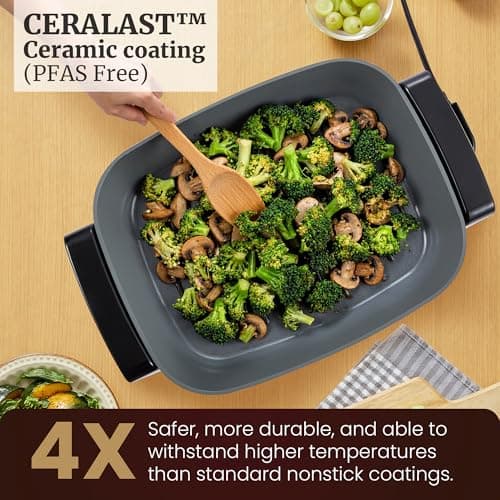 Elite Gourmet 15" x 12" x 4" Electric Skillet, Xtra Deep Dish, Ceralast™ PFAS Free Ceramic, 1500W Rapid Heat, Tempered Glass Vented Lid, Dishwasher Safe, 12.5 Qt., Black/Gray 6