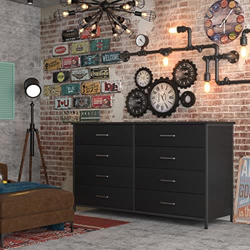 IKENO 8 Drawer Dresser for Bedroom, Industrial Wood Dresser Wide 8 Chest of Drawers, Wooden Storage Organizer Dresser with Sturdy Steel Frame (Black) 7