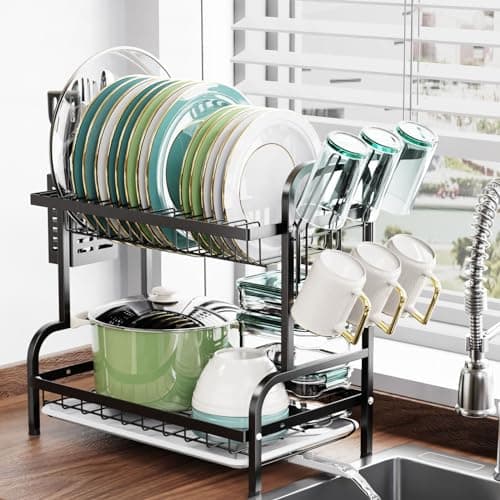 Swedecor Dish Drying Rack - 2 Tier Dish Rack with Drain Spout, Rust Resistant Dish Drainer with Cup Holder and Utensil Holder for Kitchen Countertop Small Saving Space, Black