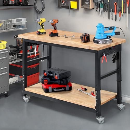 ENJOYWOOD Work Bench for Garage Adjustable Workbenches with Storage 60 Inch Garage Workbench with Under Table Shelf, Pegboard, Power Outlets for Woodworking, Home, Office, Workshop 7