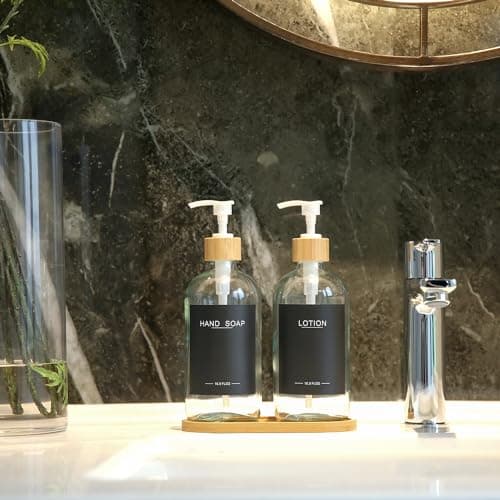 BONLONG Clear Glass Soap Dispenser with Bamboo Pumps&Tray&Labels, Hand Dispenser, Lotion Dispenser, Dish Soap Dispenser for Kitchen Sink. (Clear) 7