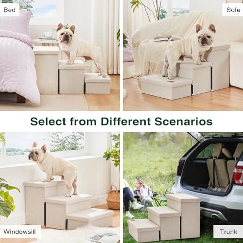 Love's cabin Dog Stairs for High Bed 18" H, Foldable Pet Stairs for Small Medium or Large Dogs Puppy with Storage for Bed or Couch, Cat Dog Steps Ramp with Zip up to 200 lbs, Beige, 3 Steps 6