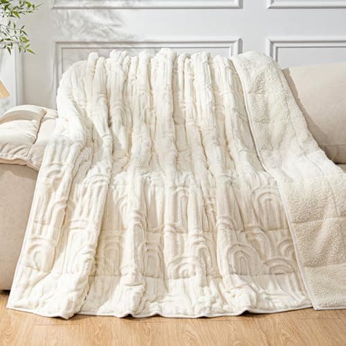 Cottonblue Weighted Blanket for Adults Queen Size 15 lbs, Soft Fluffy Sherpa Fleece Jacquard Weighted Blankets Throw 60" x 80" for Sleep Relax, Fuzzy Warm Arch Heavy Blanket for Bed Couch, Cream White