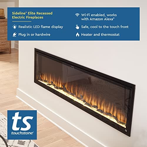Touchstone Sideline Elite Smart 50” WiFi-Enabled Electric Fireplace - in-Wall Recessed - 60 Color Combinations - 1,500W Heater - Black - Log, Crystals & Driftwood - 80036 12