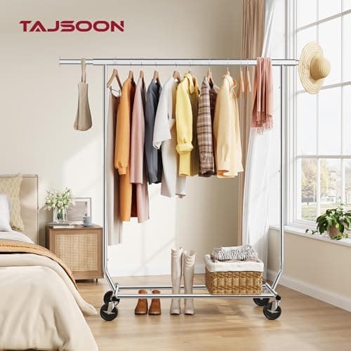 Tajsoon Clothes Rack Heavy Duty Clothing Rack Load 350 LBS, Rolling Garment Rack with Wheels and Extendable Rod, Collapsible Clothing Rack for Hanging Clothes with Bottom Shelf, Chrome 7