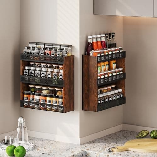 X-cosrack 3 Tier Spice Rack Wall Mounted 2 Pack，Spice Organizer for Kitchen Countertops, Wooden Spice Organizer for Spice Jars and Seasonings, Hanging Spice Rack for Countertops or Wall Mounting 6