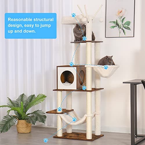 Hey-brother Wooden Cat Tree, 66.1“ Cat Furniture with Scratching Posts, Modern Cat Tower with hammocks, Toys, cat condo, Rustic Brown MPJ120SR 7