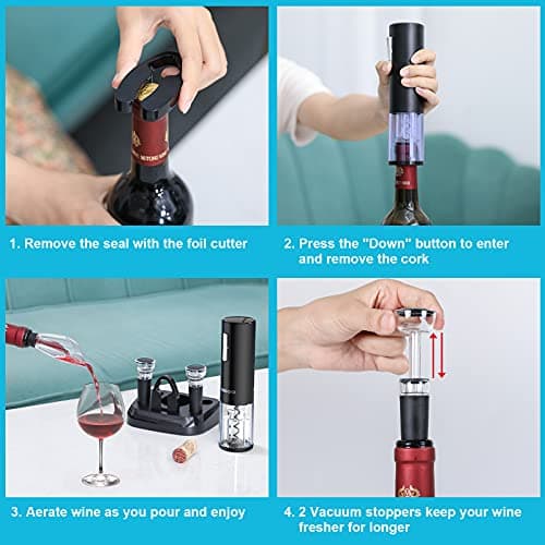 Moocoo Electric Wine Opener with Charging Base, Cordless Electric Wine Bottle Opener with 2-in-1 Aerator &Pourer, Foil Cutter, 2 Vacuum Preservation Stoppers, Display Charging Station for Easy Storage 5