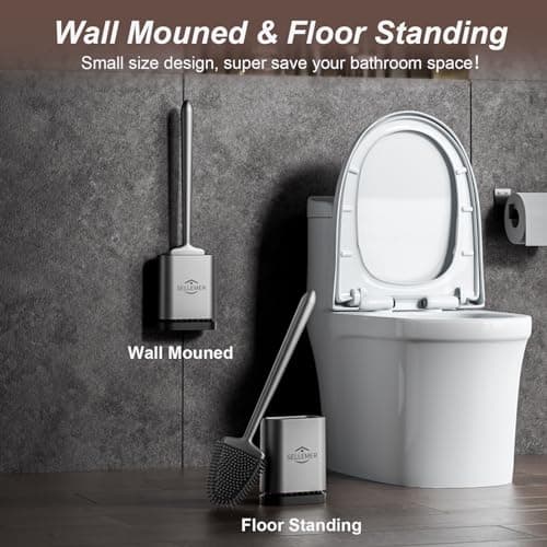 Sellemer Toilet Brush and Holder Set - Flexible Toilet Bowl Brush Head with Silicone Bristles, Compact Size for Storage and Organization, Ventilation Slots Base (1 Pack, Silver) 8