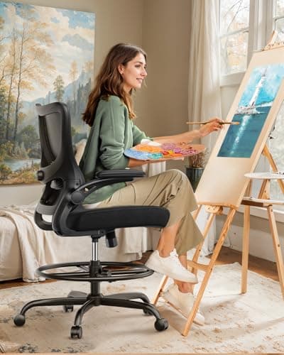 Marsail Drafting Chair, Tall Office Chair with 2D Lumbar Support, Standing Desk Chair with Padded Flip-Up Armrests & Adjustable Footrest Ring, Black 5