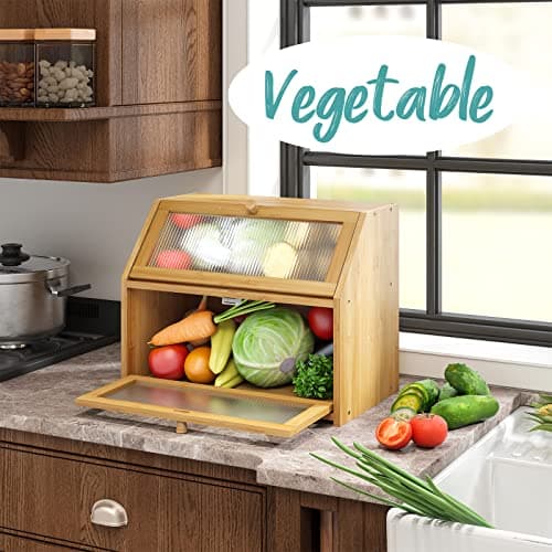 Vriccc Bread Box for Kitchen Counter, Large Bamboo Wood Double Layer Bread Box, Wooden Bread Storage Capacity 8