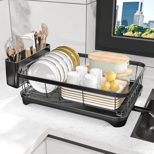 HOMEAILIE Dish Drying Rack for Kitchen Counter – Large Capacity Single Tier Dish Drainer with Utensil Holder & Cutlery Tray, Space Saving Countertop Organizer, Black