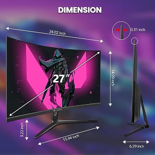 CRUA 27" Curved Gaming Monitor, 280Hz FHD (1920X1080P), 1800R VA Panel, 120% sRGB, Support AMD FreeSync, Low Blue Light, Ultra-Smooth Esports Display, HDMI 1.4 & DP 1.2, Wall Mountable Installs-Black 6