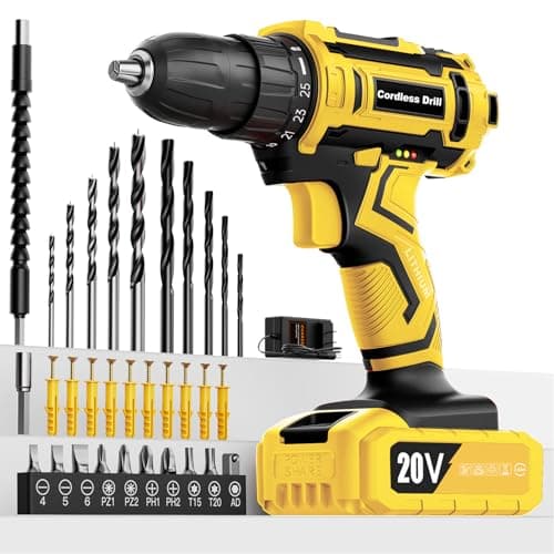 Cordless Drill 20V with 42pcs Accessories and Battery 2.0Ah, 25+1 Position, 2 Speed, 3/8 Inch Keyless Chuck, LED Light, Power Drill for Home DIY and Garden Repair